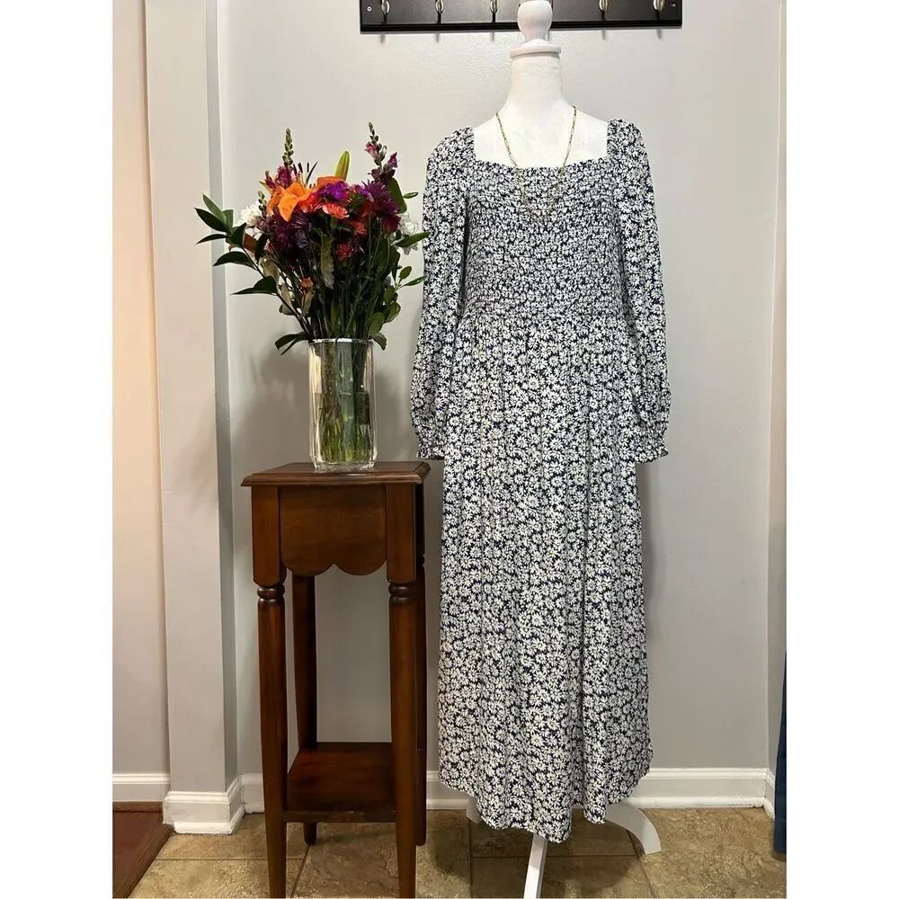 J. Crew Daisy Print Square Neck Smocked Dress